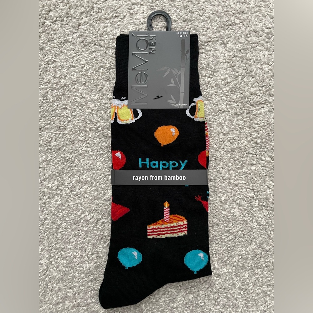5 for $10🟢 Memoi Men Happy Birthday Socks - Black with Multicolor Design